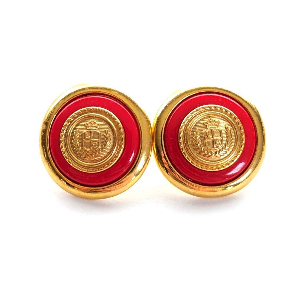 Vintage Liz Claiborne Rich Gold Tone Crest Coat of Arms Button Post Earrings